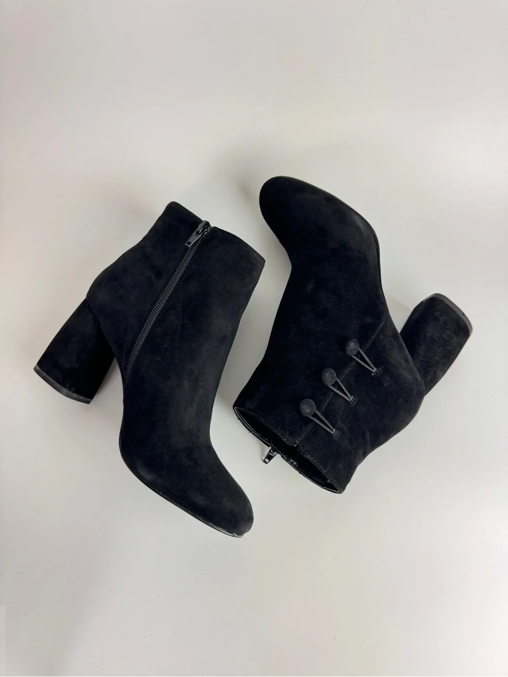 Nine West Black Suede Button Accent Block Heel Ankle Boots